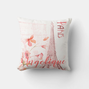 Coussin Paris Scène et Fleurs roses Personnalisées