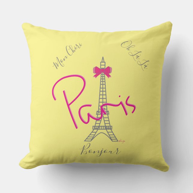 Coussin Paris, Tour Eiffel Bow rose Français Jaune moderne (Recto)