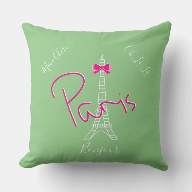 Coussin Paris, Tour Eiffel Bow rose Français Vert moderne (Recto)