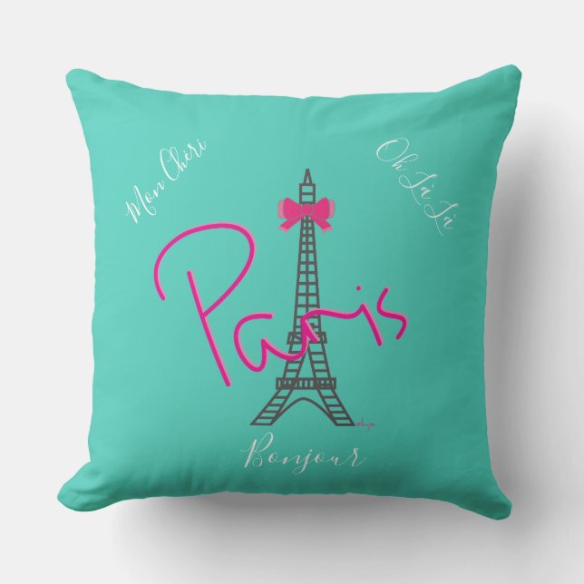 Coussin Paris, Tour Eiffel Bow rose Moderne Turquoise (Recto)
