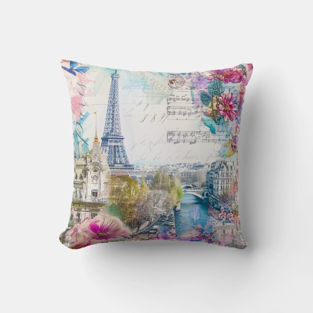 Coussin Paris Tour Eiffel Fleurs Collage Art Voyage (Recto)