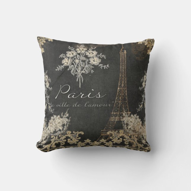 Coussin Paris Ville de l'Amour Tour Eiffel Chalboard Flora (Recto)