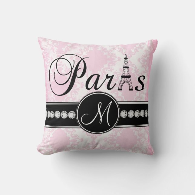 Coussin parisien de monogramme de noir blanc rose (Recto)