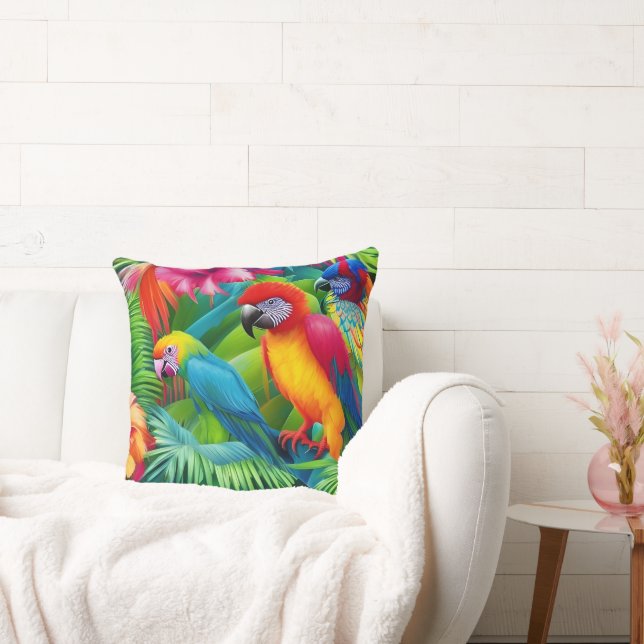 Coussin Parrot 3 Oiseaux Tropical Floral palmiers bleu ver (Canapé)