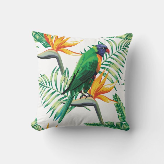 Coussin Parrot Coloré Et Plantes Exotiques (Recto)