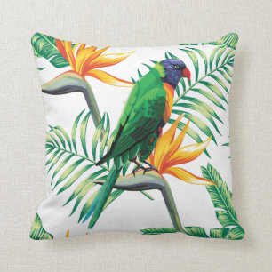 Coussin Parrot Coloré Et Plantes Exotiques