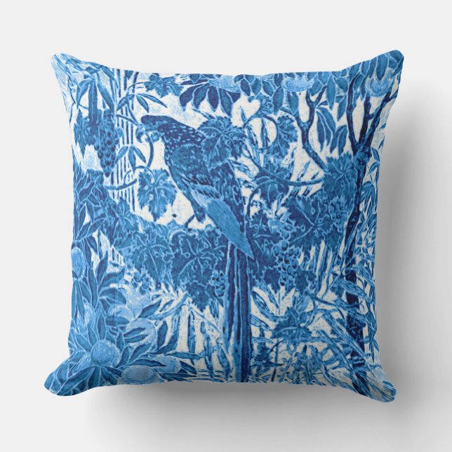 Coussin Parrot dans un cadre de jungle, Indigo bleu et bla (Recto)