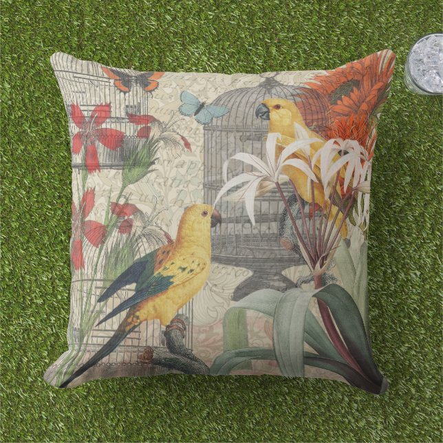 Coussin Parrot Jaune Tropical Antique Fleur (Herbe)