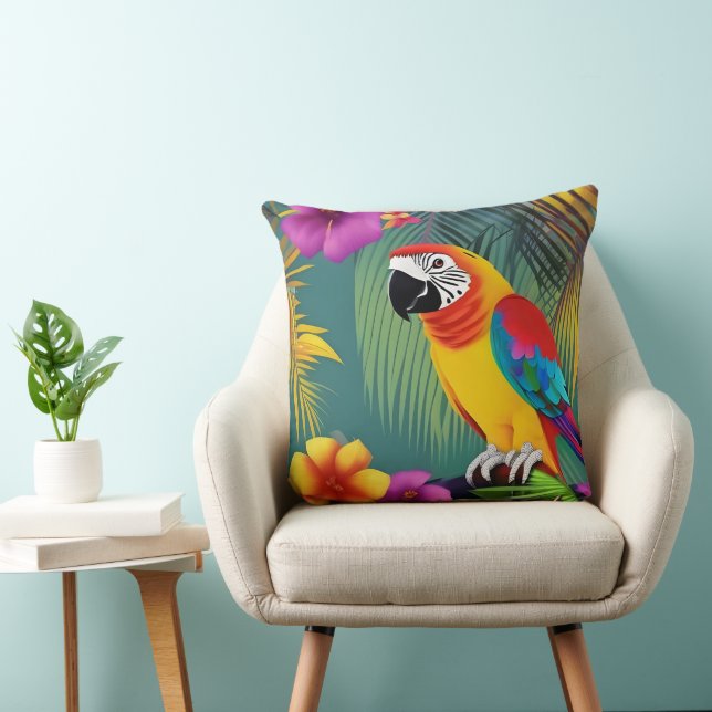 Coussin Parrot Oiseau Tropical Palmiers bleus violet rouge (Chaise)