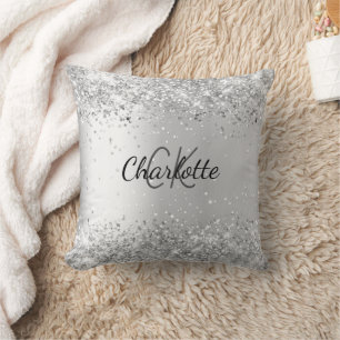 Coussin Parties scintillant argent élégant nom monogramme