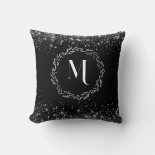 Coussin Parties scintillant Argent Et Noir Élégant Monogra