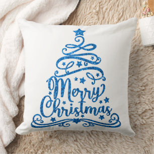 Coussin Parties scintillant bleue et arbre de Noël blanc