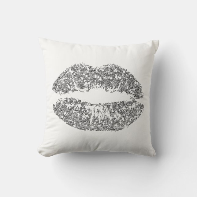 Coussin Parties scintillant d'argent gris blanc Kiss lèvre (Recto)