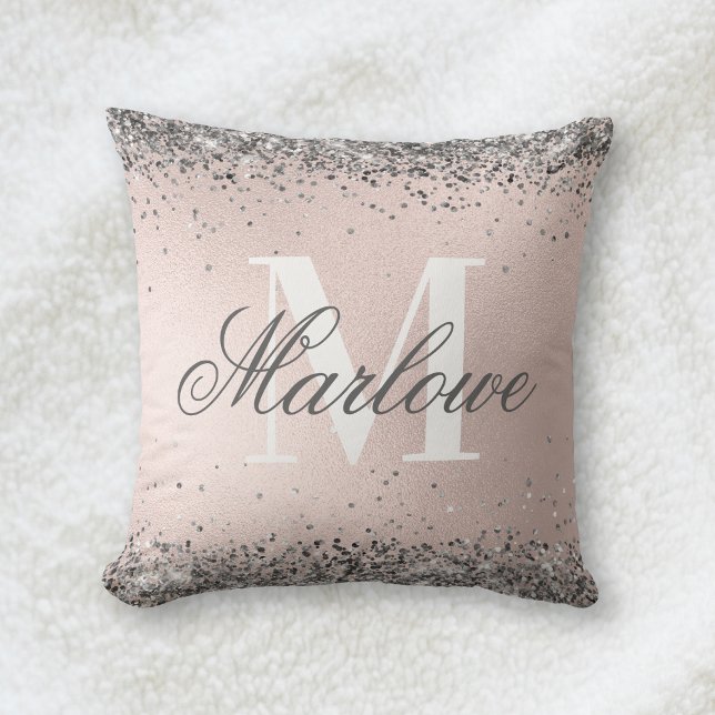 Coussin Parties scintillant d'argent sur le monogramme ros (Créateur téléchargé)