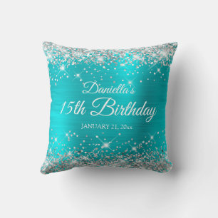 Coussin Parties scintillant d'argent Turquoise Bleu 15e an