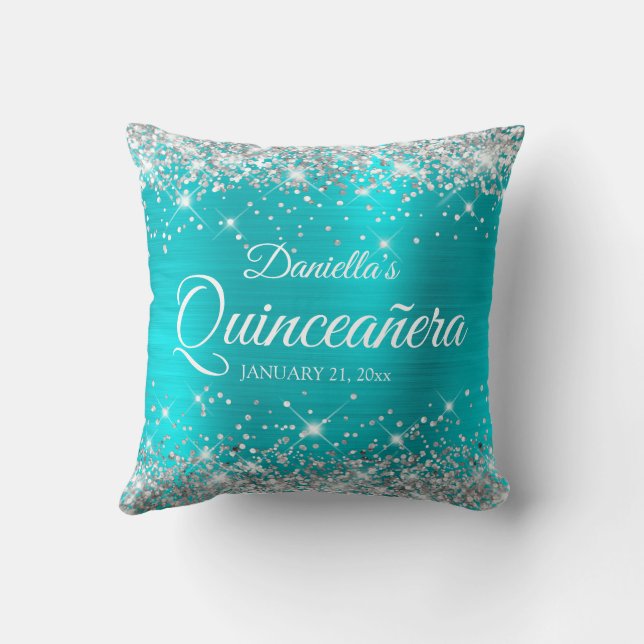 Coussin Parties scintillant d'argent Turquoise bleu Quince (Verso)
