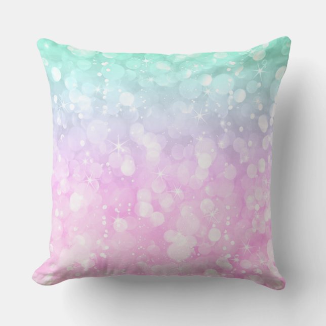 Coussin Parties scintillant de boukeh rose pastel et vert  (Recto)
