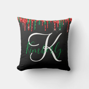 Coussin Parties scintillant de Noël Monogramme sur Noir