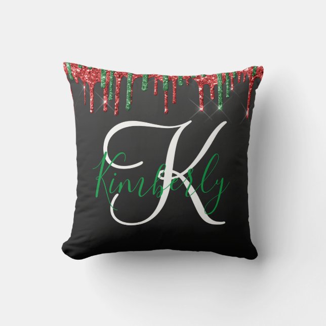 Coussin Parties scintillant de Noël Monogramme sur Noir (Recto)