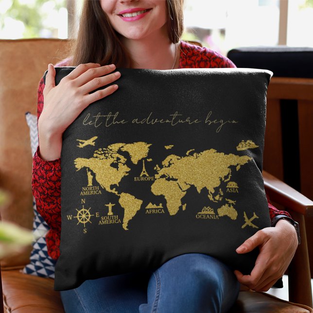 Coussin Parties scintillant d'or Carte du monde sur Black  (Créateur téléchargé)