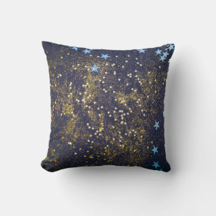 Coussin Parties scintillant dorée et étoiles bleues scinti