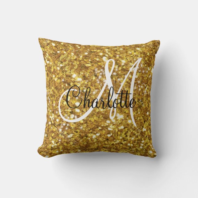 Coussin Parties scintillant étincelante or monogrammé (Recto)