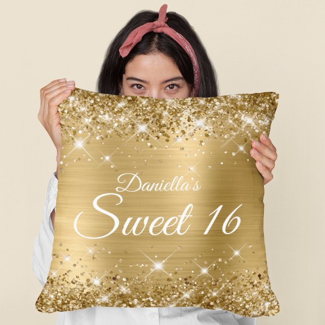Coussin Parties scintillant or mousseux et huile sucrée 16 (Sweet Sixteen Birthday Gift)