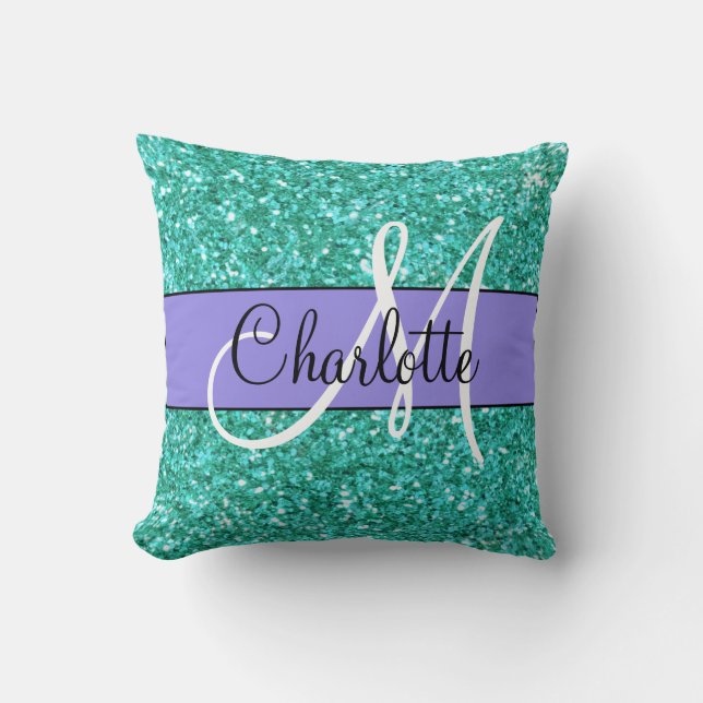 Coussin parties scintillant pétillante turquoise monogramm (Recto)