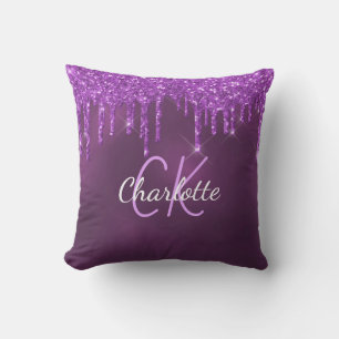 Coussin Parties scintillant pourpre goutte nom monogramme