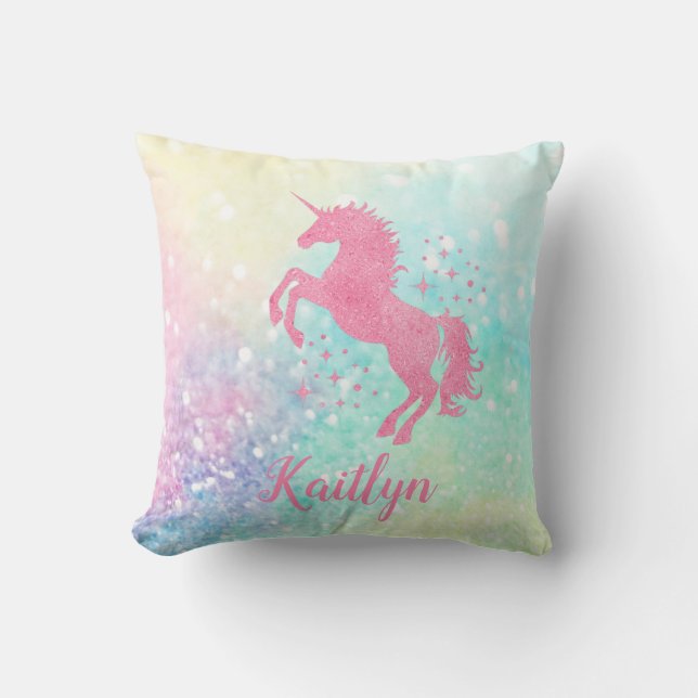 Coussin Parties scintillant rose personnalisée Unicorne et (Recto)