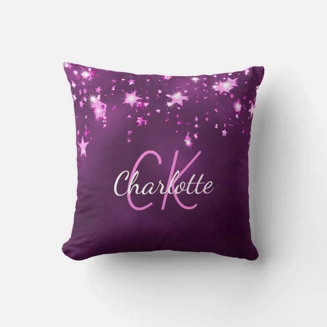 Coussin Parties scintillant rose violet étoiles nom monogr (Recto)