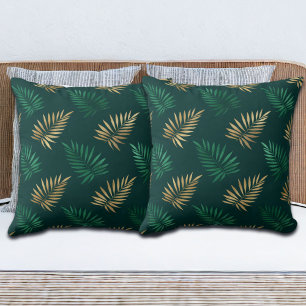 Coussin Parties scintillant verte et or sur Feuilles tropi