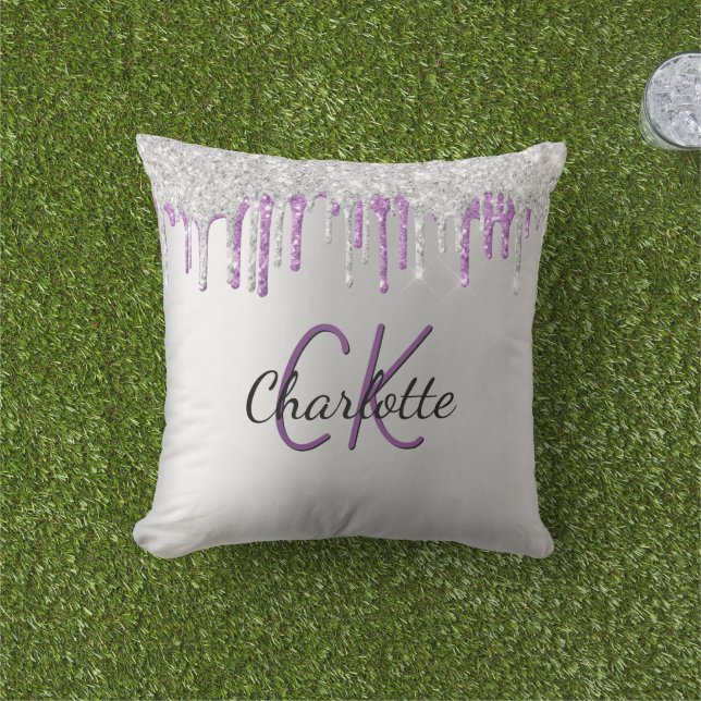 Coussin Parties scintillant violet argent goutte nom monog (Herbe)