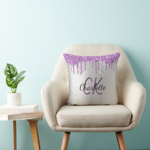Coussin Parties scintillant violet argent goutte nom monog