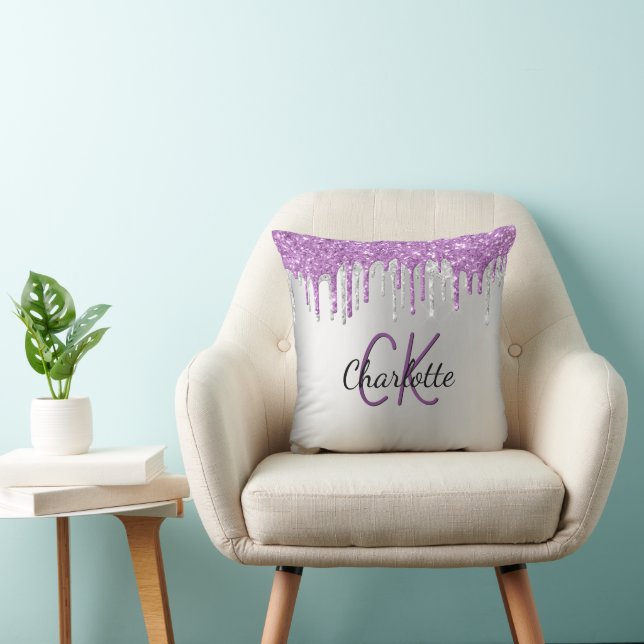Coussin Parties scintillant violet argent goutte nom monog (Chaise)
