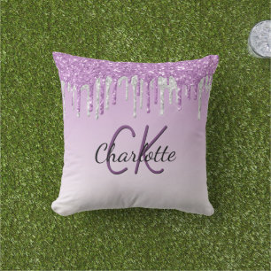 Coussin Parties scintillant violet gouttes argent nom mono