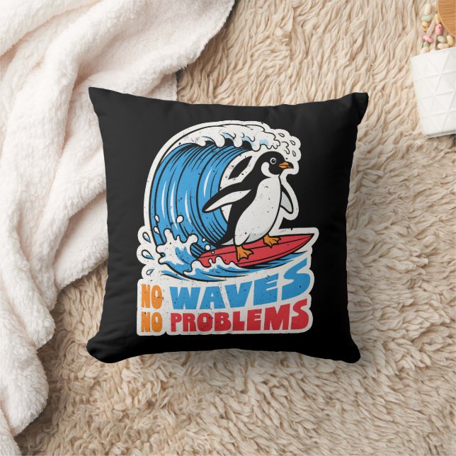Coussin Pas de vagues pas de problèmes Pingouin drôle surf (Couverture)