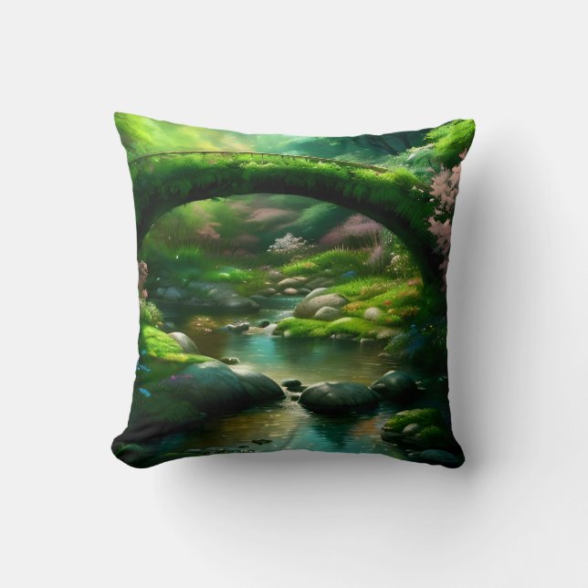 Coussin Passerelle au-dessus d'un ruisseau dans la forêt.  (Recto)