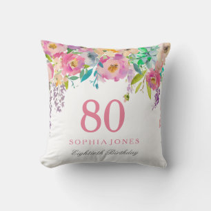 Coussin Pastel Aquarelle Fleurs 80e Anniversaire Cadeau
