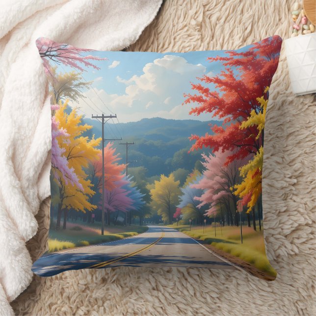 Coussin Pastel Autumn Country Road Watercolor (Couverture)