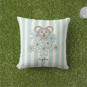 Coussin Pastel Bleu Rayure Mignon Bébé Koala Ours Enfants