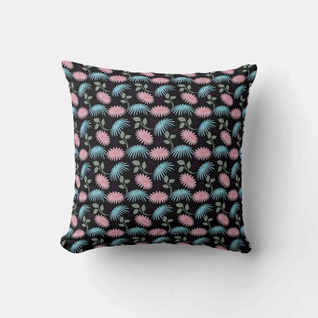 Coussin Pastel Floral Pattern on Black Background | Cute D (Recto)