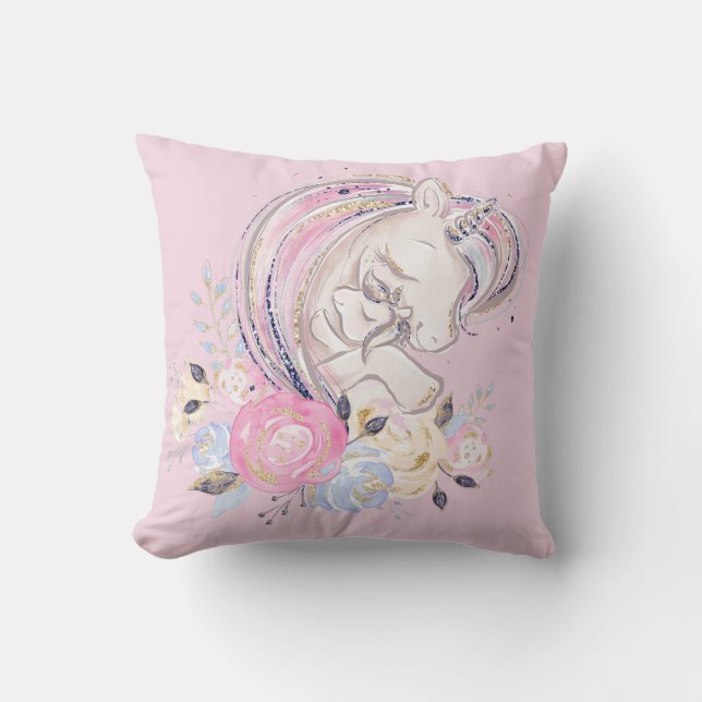 Coussin Pastel Gold Parties scintillant Unicorne et bébé a (Recto)