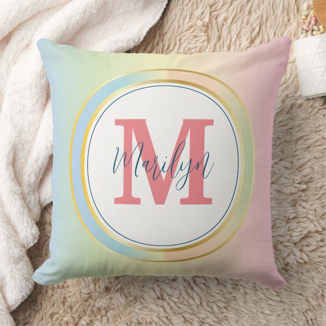 Coussin Pastel Gradient Nom & Monogramme Jeu d'oreiller (Couverture)