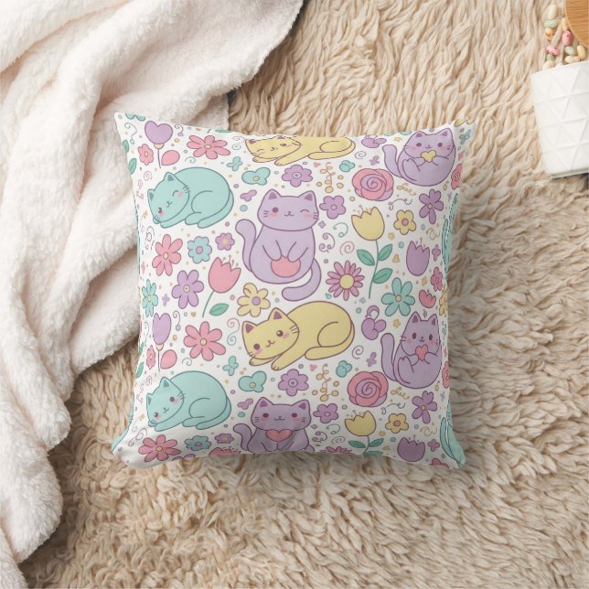 Coussin Pastel Kawaii Cats and Flowers Decorative  (Couverture)