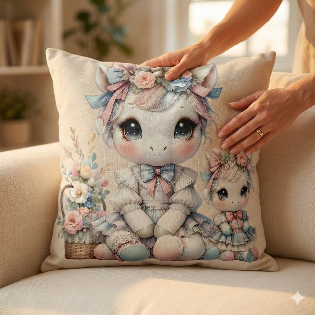 Coussin Pastel Kawaii Licorne Duo Mère Fille Beige (Pastel Kawaii Unicorn Mother Daughter Duo Beige Throw Pillow Mockup C)