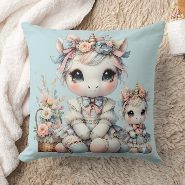 Coussin Pastel Kawaii Licorne Duo Mère Fille Bleu (Couverture)