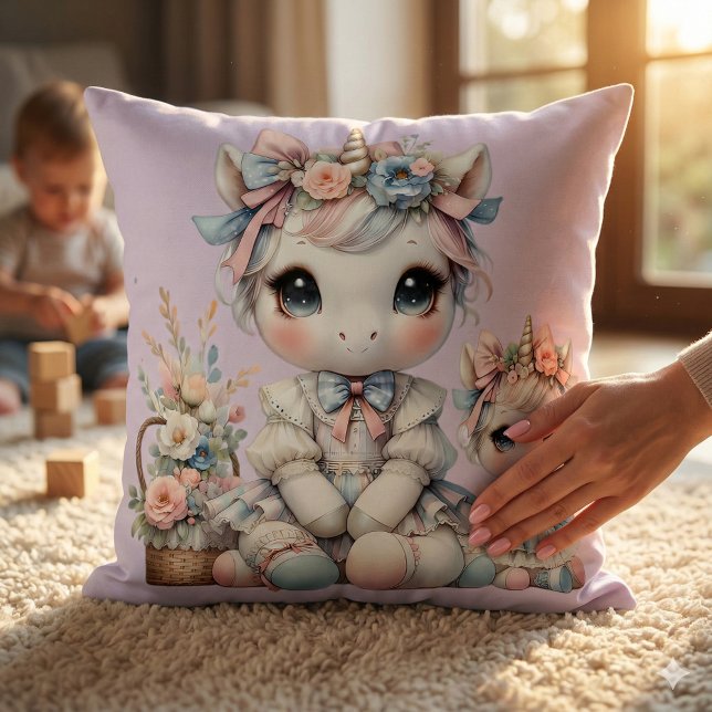 Coussin Pastel Kawaii Licorne Duo Mère Fille Lavande (Pastel Kawaii Unicorn Mother Daughter Duo Lavender Throw Pillow Mockup D)