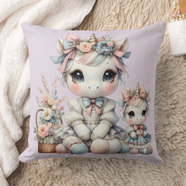 Coussin Pastel Kawaii Unicorne Mère fille Duo Lavender (Couverture)
