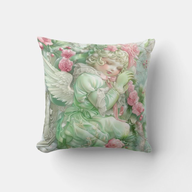 Coussin Pastel Pink and Green Christmas Throw Pillow (Recto)